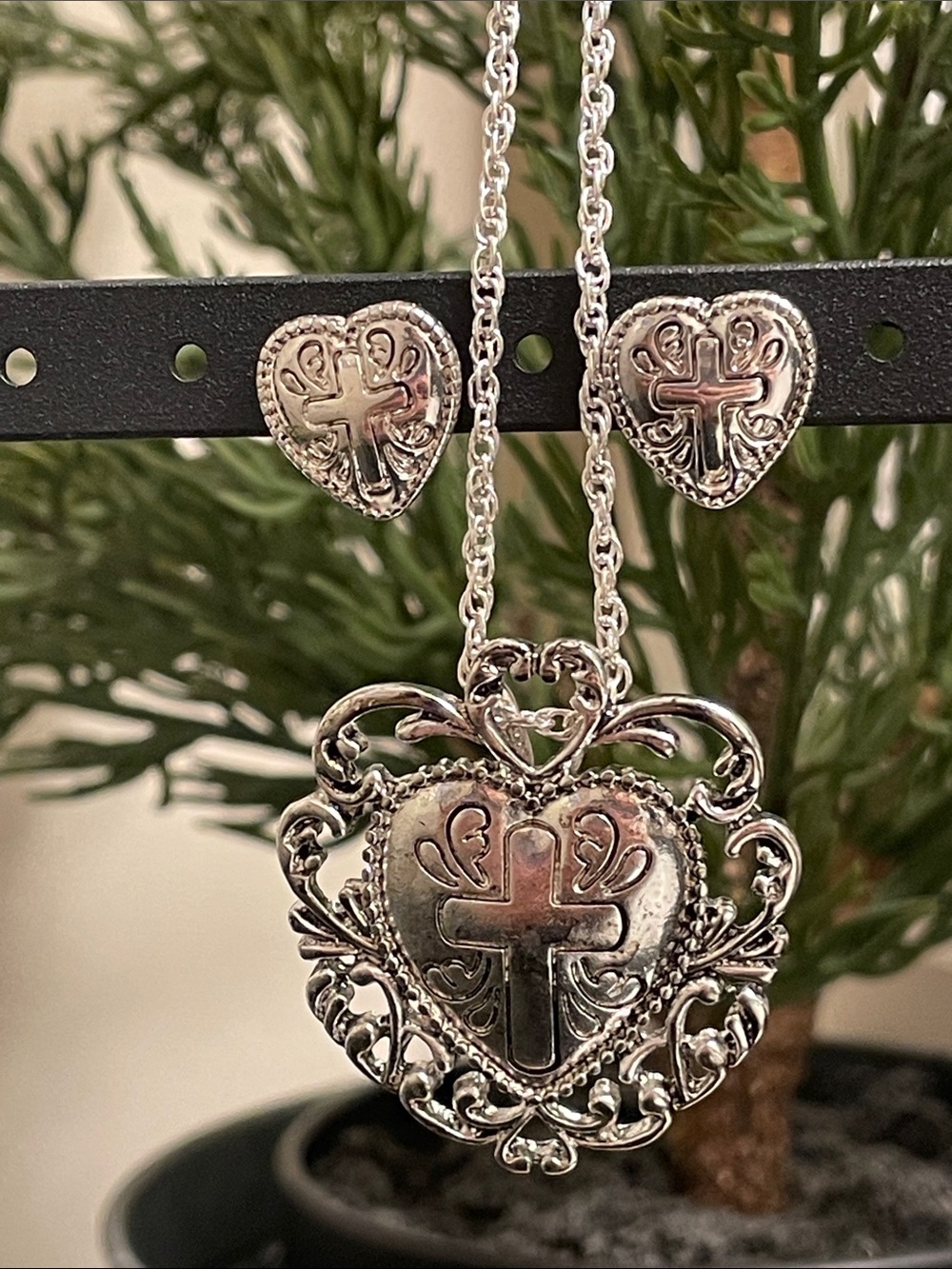 Silver Heart Cross Pendant Necklace and Stud Earrings Set
